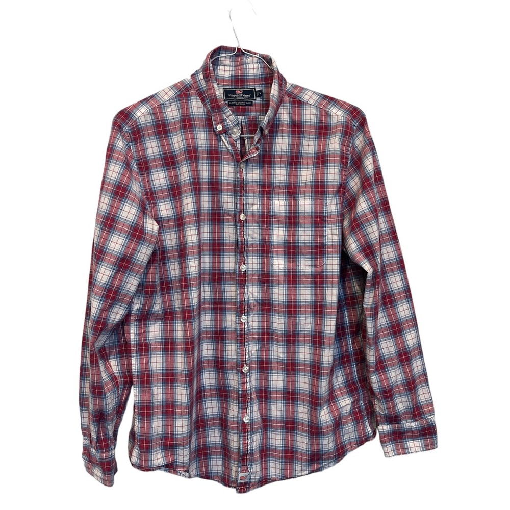 Vineyard Vines Slim Fit Murray Blue Red Plaid Shirt‎ Men’s Size Large Cotton EUC